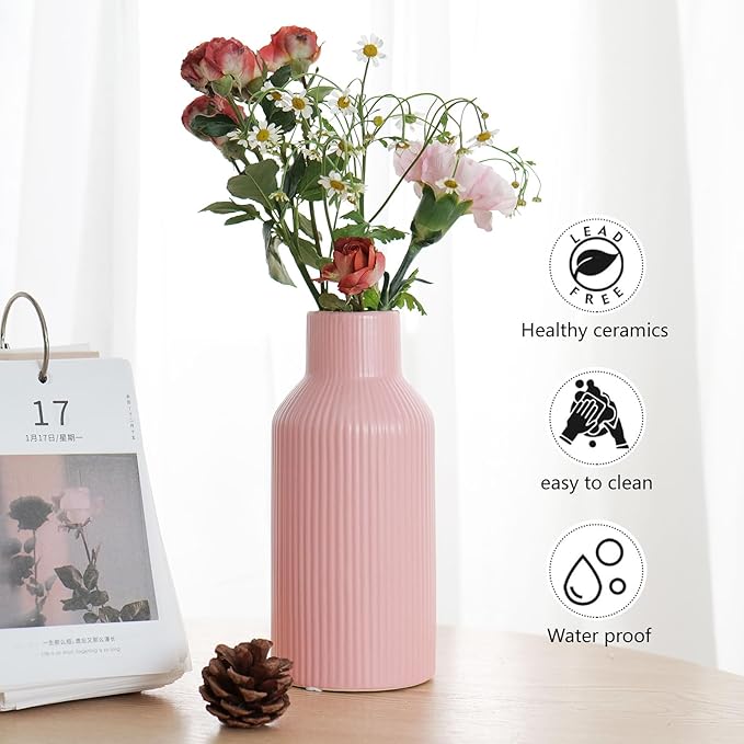 Bohemian Pink Ceramic Vase - for Pampas Grass, Mantel, Bookshelf, Entryway and Living Room Decor (Pink, 8in)