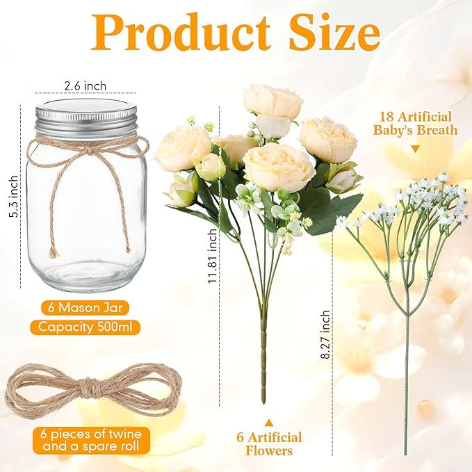 Zeyune Mason Jar Centerpiece Table Decorations, Artificial Peony Baby's Breath Flower Bouquets, Faux Flowers with Vase, Rustic Decor Gifts for Home, Wedding, Holiday(6 Sets,Champagne)