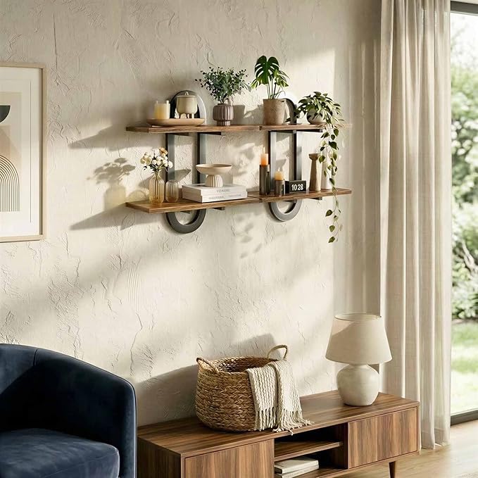 Arched Floating Shelves Set of 2, 15" Vintage Distressed Wall Mounted Shelves with Capsule Frame, Rustic Burnt Wood Hanging Shelves for Bathroom, Living Room, Kitchen, Brown