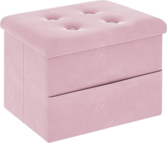 ZOES HOMEWARE Small Storage Ottoman Foot Rest, Velvet Ottoman with Storage and Side Pocket, Pink Foot Rest for Couch, Foldable Footstool Ottoman for Chair,Living Room&Dorm, 16"x12"x12" Pink