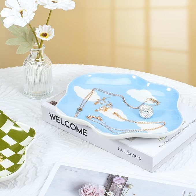 Koythin Jewelry Tray, Ceramic Jewelry Dish Trinket Tray Organizer, Clouds Aesthetic Decorative for Kitchen, Bathroom (Blue Sky and White Clouds)