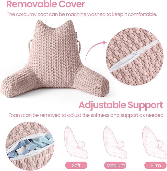 Reading Pillow for Bed Sitting Up, Backrest Pillow with Shredded Memory Foam Filling, Back Support Cushion, Bed Rest Pillow with Arms, Pockets and Washable Cover-Pink