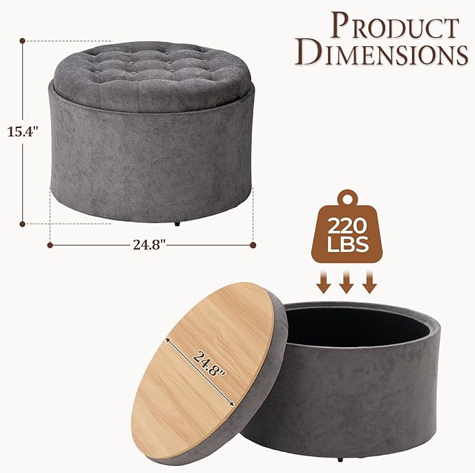 ONBRILL 25" Round Ottoman Coffee Table, Storage Ottoman with Lift-Off Lid, Multifunctional Foot Rest & Hidden Storage, Sturdy Steel Frame for Bedroom, Living Room, Corners, Apartment