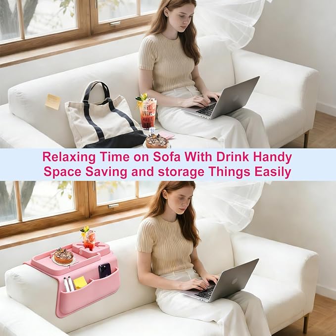 Silicone Couch Cup Holder Tray with Tablet & Phone Stand, Anti-Slip Sofa Arm Organizer with Dual Side Pockets for Remotes, Snacks, Headphones, Glasses, Drinks (Pink)