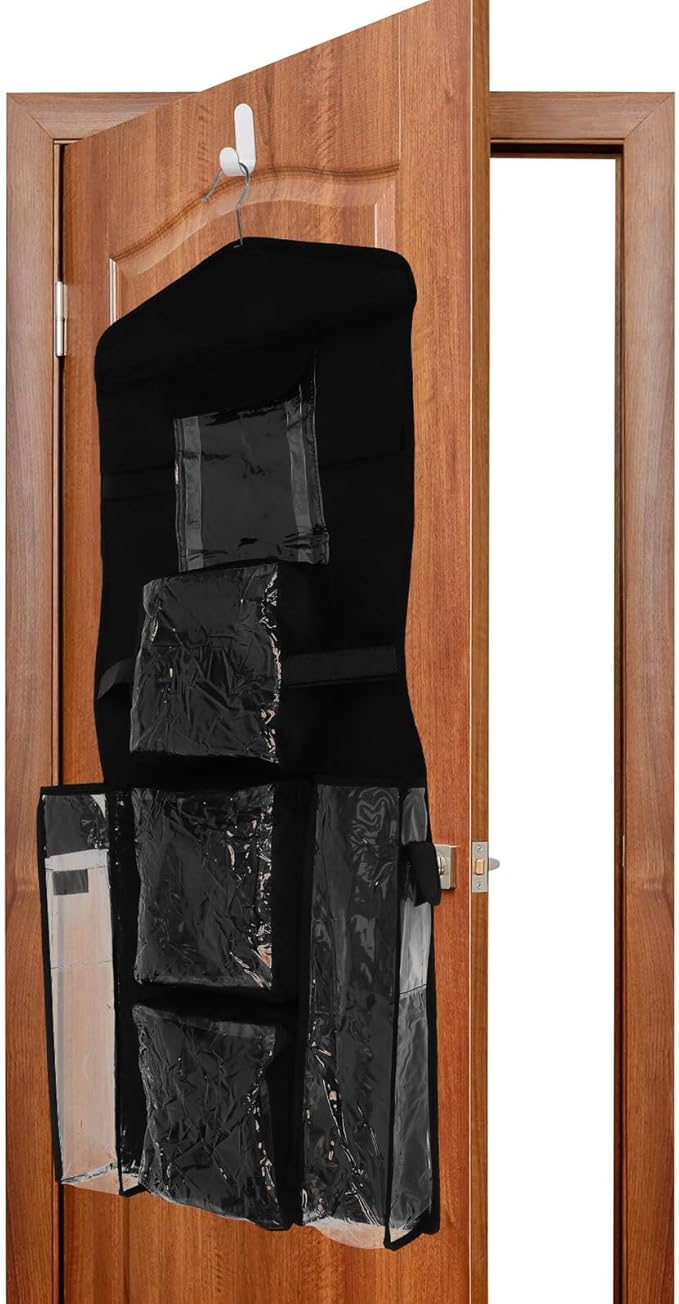 Housoutil Door Wrapping Paper Storage Bag, Hanging Closet Organizer with Multiple Pockets, Black Non-Woven Fabric Wall Mount Storage for Wrap and Ribbon