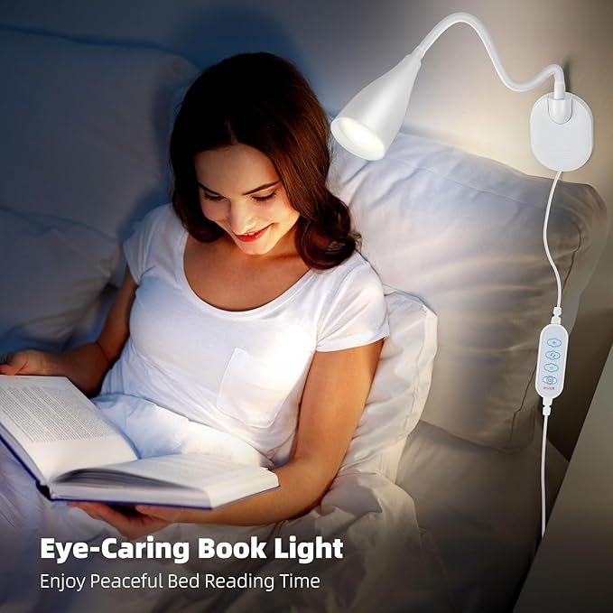 LiFMIRA Wall-Mounted LED Bedside Reading Light with USB Charging Port, 10-Level Dimmable & Adjustable 5 Color, Plug-in Adhesive Night Lamp for Books in Bed, Eye-Caring Bedroom Lighting (White)