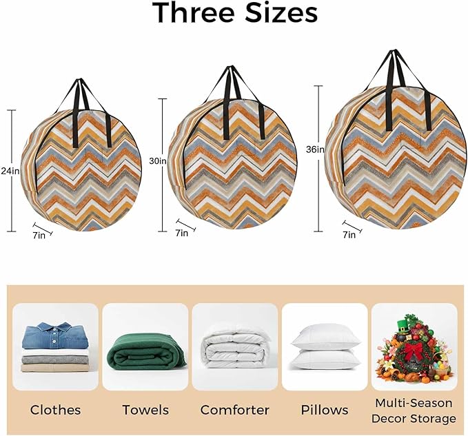 Storage Bag Orange Grey Chevron Round Storage Totes Bins Closet Organizers with Zippers & Handle Geometric Design Stripe Clothes Storage Container for Bedroom Dorm Space Saving Packing Supplies Bags