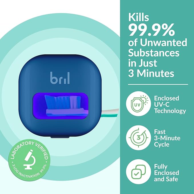Bril UV-C Toothbrush Cleaner and Holder – Wall Mounted Toothbrush Head Cover, Electric & Manual Brush Cleaner Cover Case with Magnetic Mount, Portable, Durable, Rechargeable, Universal Fit – Navy