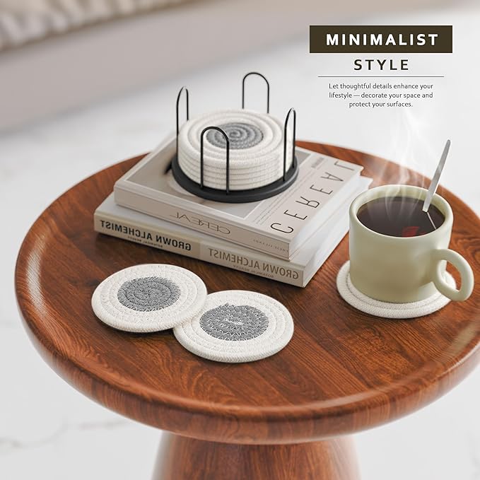 Lazebox Coasters Set of 8 for Drinks, Beer, Coffee, Cotton Woven Absorbent Coaster with Holder, Boho Coasters for Home Decor Tabletop Protection Suitable for Kinds of Cups, White & Grey