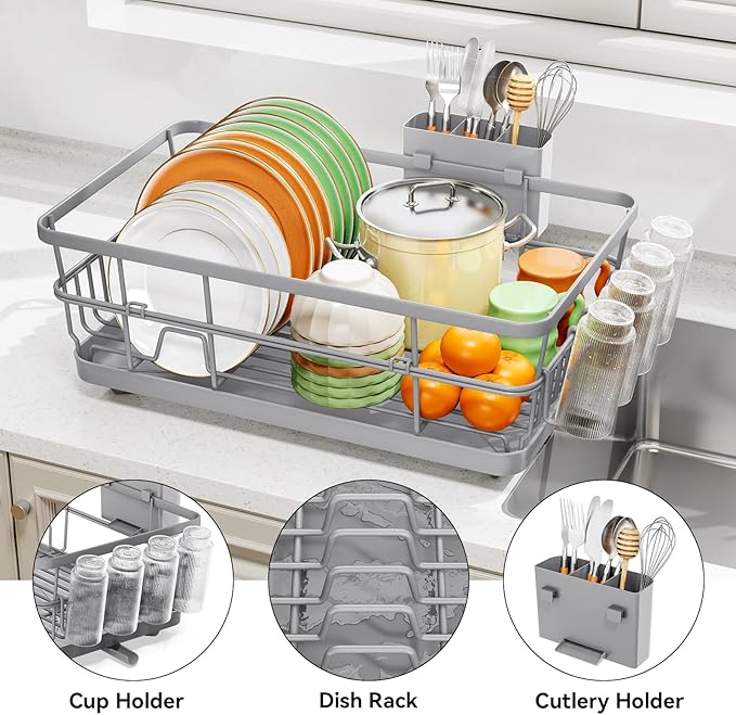 TOOLF Dish Drying Rack, Dish Racks for Kitchen Counter, Stainless Steel Sink Organization and Storage Essentials with Cutlery Holder, Dish Drainer, Home and Appartment Decor, 12.4''W x 16.5''L, Gray