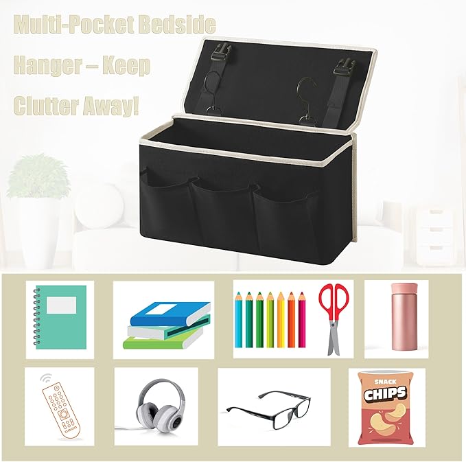 Bedside Caddy/Bedside Storage Organizer Hanging Bag with Three Options,Suitable for home beds, sofas, and dormitory beds—can hold magazines, books, phones, iPads, remote controls. (2-Pack Black)