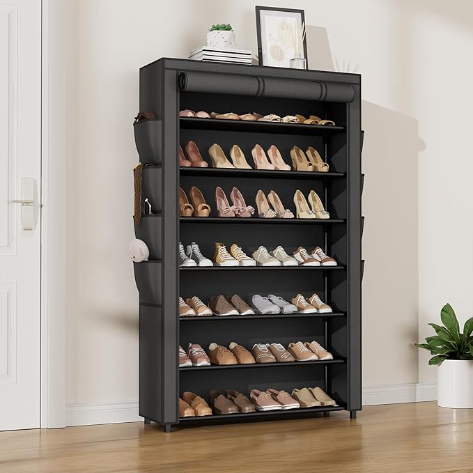 VILICK Shoe Rack with Cover, 7 Tier Shoe Organizer Storage for 32-40 Pair Shoes and Boots Large Shoe Storage Shelf Space Saving Vertical Shoe Rack for Closet, Front Door Entrance, Dorm, Garage