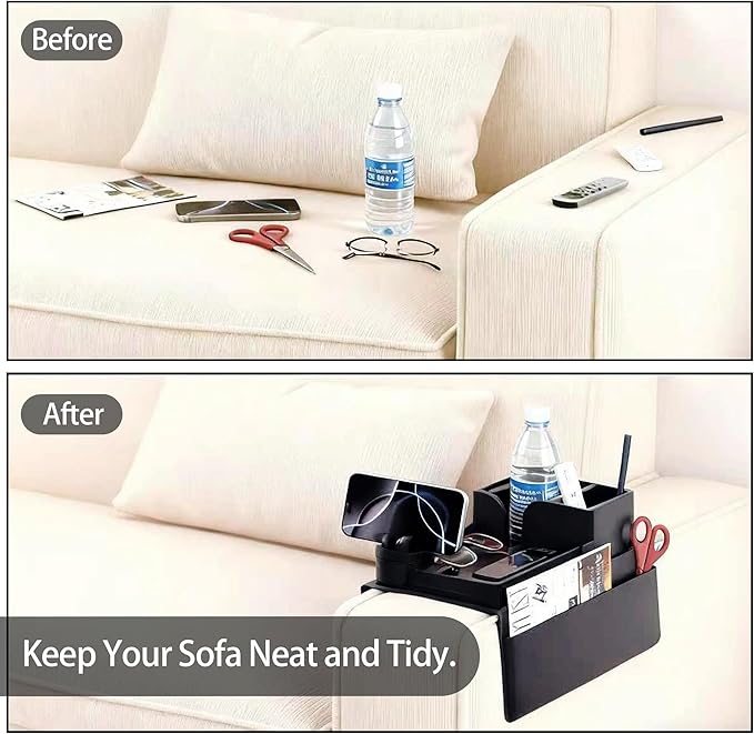 Couch Arm Cup Holder - Silicone Sofa Armrest Tray with 5 Side Pockets, Anti-Slip Armrest Recliner Armchair Caddy, Sofa Table Organizer for Drinks Tablet Remote Snacks Cellphone Cup (Black)