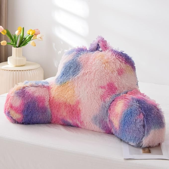 A Nice Night Faux Fur Reading Pillow Bed Wedge Large Adult Children Backrest with Arms Back Support for Sitting Up for Bedrest,PinkPurple