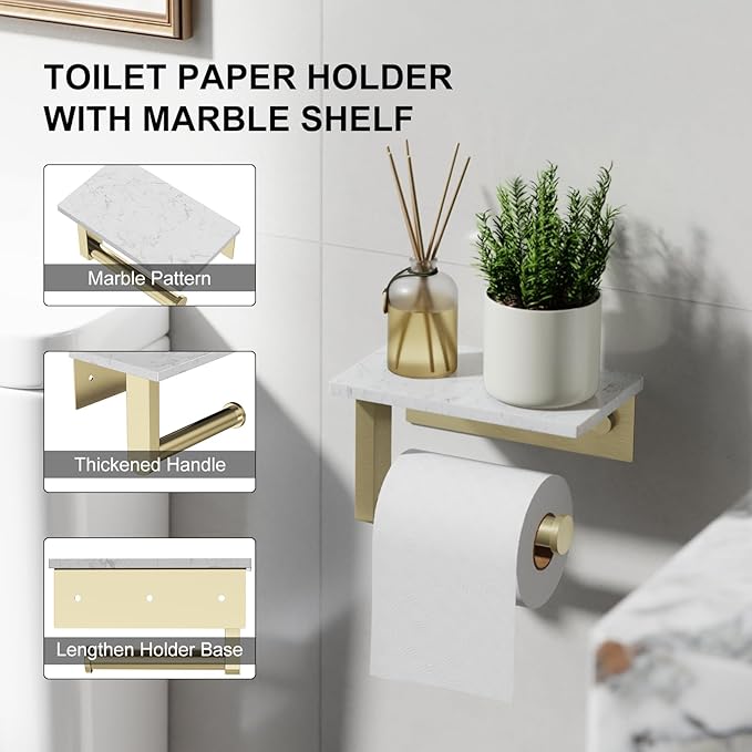 Brushed Gold Toilet Paper Holder with Marble Shelf, 304 Stainless Steel Tissue Hand Holder Wall Mounted Toilet Paper Roll Hold with Phone Shelf for Bathroom Kitchen Washroom Bedroom