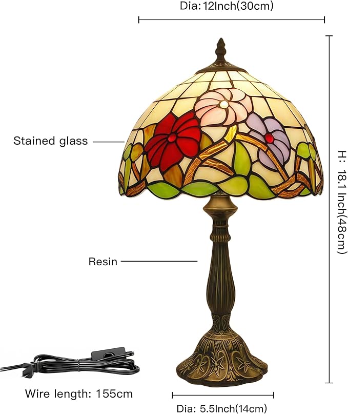 Tiffany Lamp Stained Glass lamp Bedside Table Lamps for Living Room Bedroom Dorm Kitchen Home Decor Festival Birthday Gift,12 inches Morning Glory (LED Bulb Included)