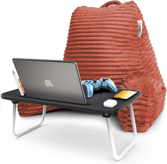 Nestl Misty Rose Reading Pillow with Bed Desk for Laptop and Writing, Luxe Cut Plush Back Pillow for Sitting Up, Back and Arms Adjustable Support for Adult and Teens, Foldable Lap Desk for Bed 22x14”