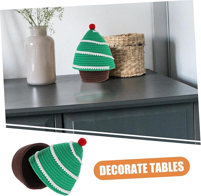 Cabilock Cartoon Christmas Tree Decorative Rope Woven Storage Basket Lid for Organizing Toys Snacks and Cosmetics Holiday Home