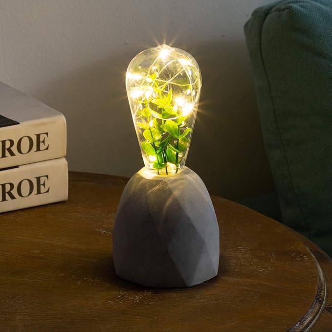 walsport Table Lamp Edison Bulb with Artificial Plant, Concrete Cement Grey Base Nightstand Bedside Lamp, Industrial Minimal Style for Cafe Shop Home Decor Christmas Birthday Christmas Gift
