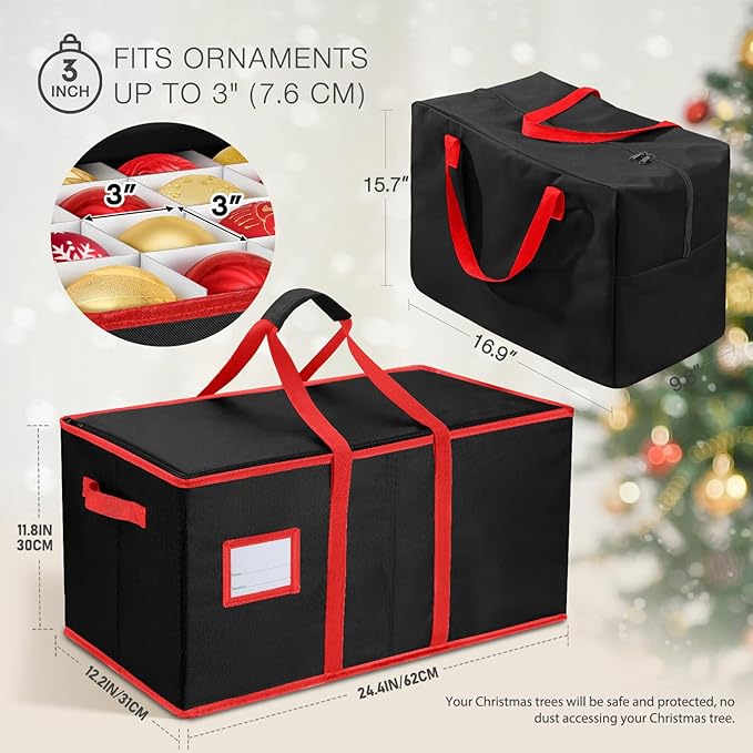 EIMMBD Christmas Ornament Storage Box and Storage Bag, 3 Tray Organizer Box with Dividers Keep 128-3" Holiday Ornaments, Heavy Duty 600D, Christmas Storage Containers with Handles Zipper(Black)
