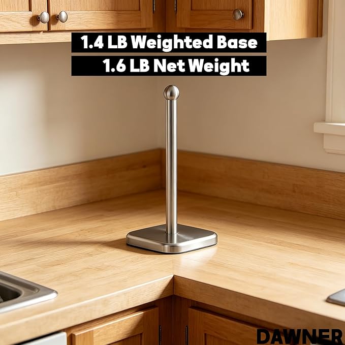 DAWNER Secure Grip Paper Towel Holder Countertop, Easy to Tear with One-Hand, Stainless Steel Paper Towel Stand, Dual-Weighted Suction Base for Kitchen & Bathroom‌