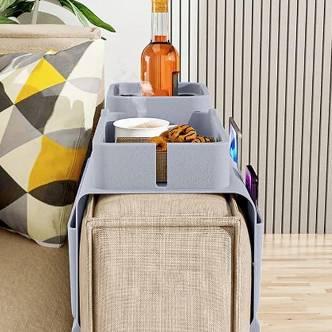 S V Adjustable Couch Armrest Tray with Cup Holder & Storage Pockets Non Slip Sofa Organizer for Drinks Phone Remote