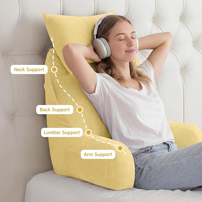 Unisakey Portable Reading Pillows with Headrest for Bed Sitting Up(Yellow Oeko-Tex), Velvet Back Pillow with Arms & Pockets for Adults, Support Memory Foam Bed Pillow for Dorm/Reading/Watching/Gaming