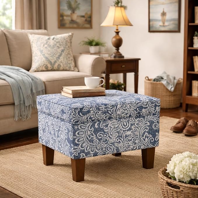 Homepop Home Decor |K7646-A879| Upholstered Modern Rectangular Storage Ottoman | Hinged Lid Ottoman with Storage for Living Room & Bedroom, Blue Denim Jacobean Print