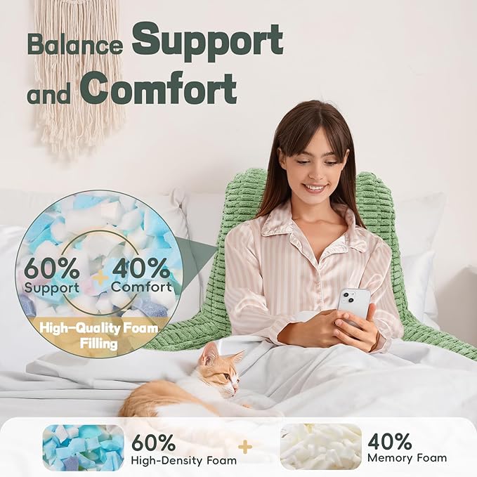 21" Higher Large Reading Pillow for Bed Adult, Back Pillow for Bed Sitting Up with Memory Foam Back Support with Arms Rest for Couch Chair Sage Green