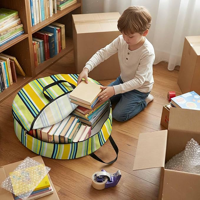 Storage Bag Yellow Stripes Round Storage Totes Bins Closet Organizers with Zippers & Handle Boho Style Lines Striped Clothes Storage Container for Bedroom Dorm Space Saving Packing Supplies Bags