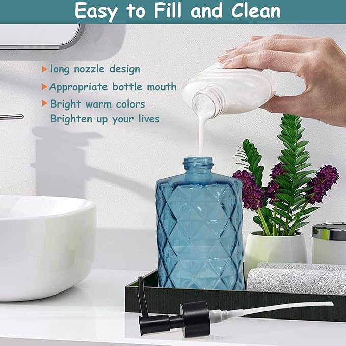 YYTSGG Blue Glass Soap Dispenser with Black Plastic Pump, 12oz Refillable Liquid Hand Soap Dispenser, Crystal Lotion Bottle for Modern Home Decor, Bathroom, Kitchen Countertop, Hotel