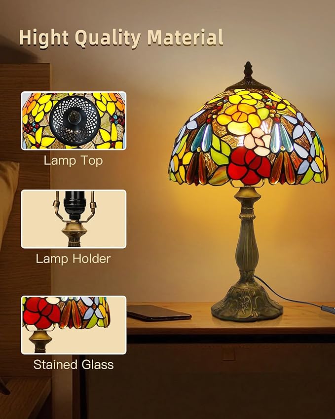 Tall Table Lamps Bedside Nightstand Rose Flower Beads Stained Glass Table Lamp for Bedroom,Living Room,Dining Room Restaurant Hotel Desk Reading Light+LED Bulb,12X12X18 INCH