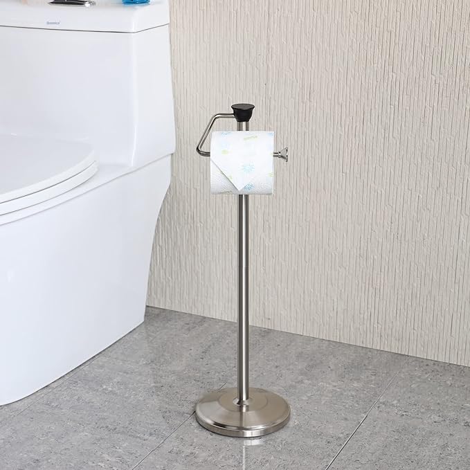 ZCCZ Toilet Paper Holder with Storage - Free Standing Tissue Dispenser - Nickel Finish - Holds up to 5 Mega Rolls - No Tools Required for Assembly - Durable and Stylish Bathroom Accessory