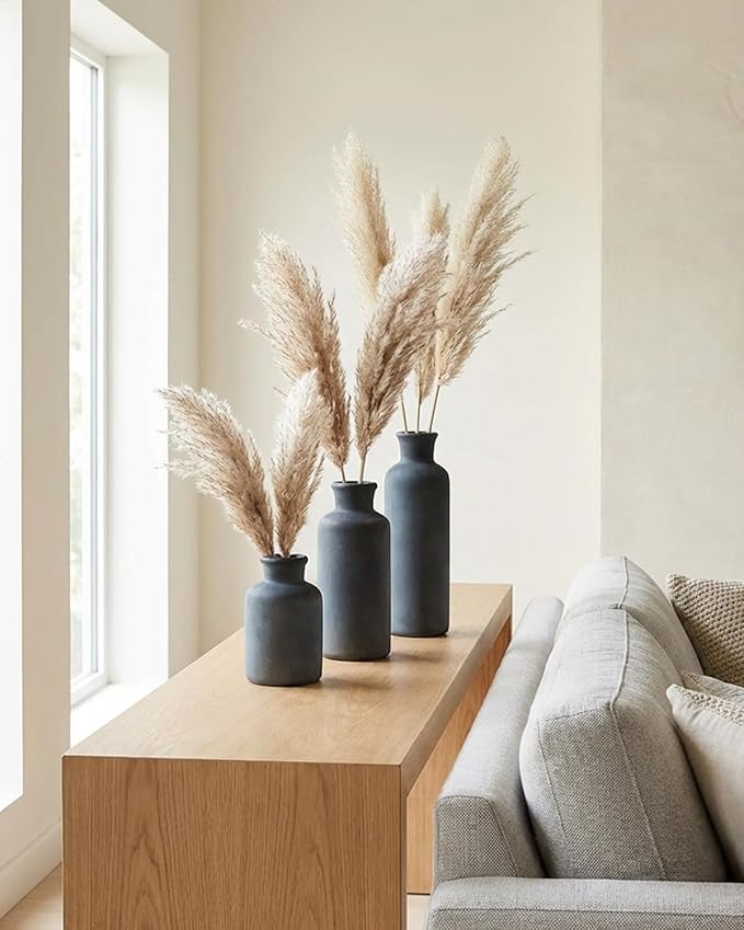 Black Ceramic Vases Set – Rustic Vintage Matte Decorative Flower Vases with Brushed Gold Effect for Home Decor, Living Room, Dining Table & Mantel Centerpieces