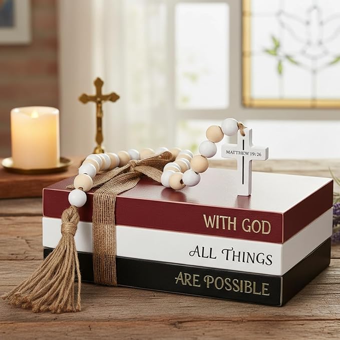 Tatuo 4 Pcs Wooden Farmhouse Decorative Books for Home Decor Coffee Table Faux Books for Decoration White Fake Decorative Stacked Display Set with Beads Garland Shelf Living Room Decor (Christian)
