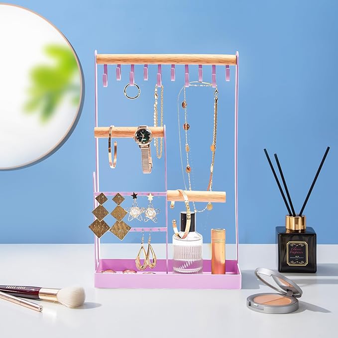 ProCase Jewelry Stand Holder Organizer, 4-Tier Necklace Holder with Ring Tray, 10 Hooks Necklaces Hanging Small Jewelry Display Storage Tower Tree for Bracelets Earrings Watches -Medium, Purple