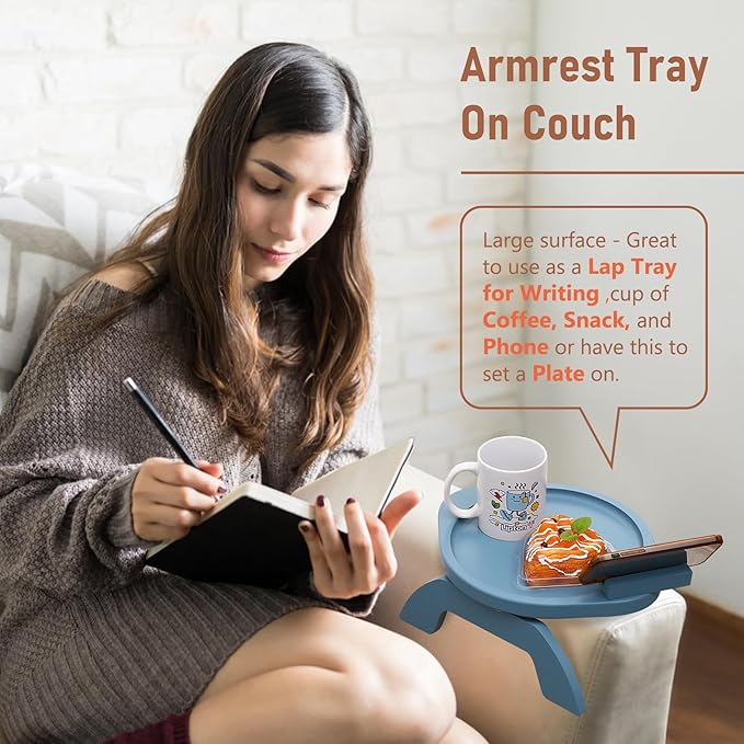 SINWANT Couch Armrest Table, Bamboo Clip On Couch Arm Table with 360°Phone Holder,Foldable Sofa Arm Tray for Eating and Drinking, TV Tray