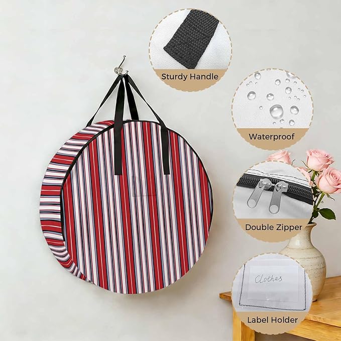 Storage Bag Red Striped Round Storage Totes Bins Closet Organizers with Zippers & Handle Geometric Vertical Stripes Clothes Storage Container for Bedroom Dorm Space Saving Packing Supplies Moving Bags