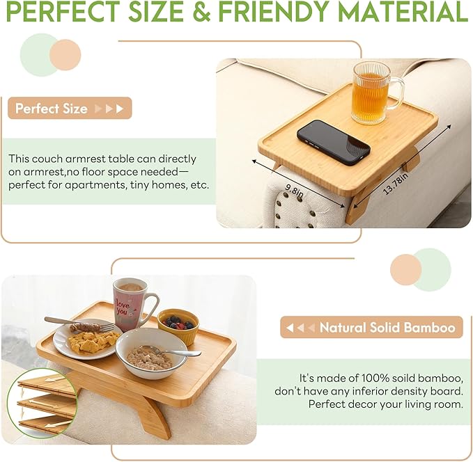 SINWANT Couch Arm Table Tray, Bamboo Sofa Arm Clip on Side Tables, Foldable Arm Rest Table for Home, Couch Arm Tray for Small Spaces Drink Eating Dinner