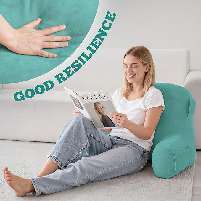Unisakey Portable Comfy Reading Pillows for Bed Sitting Up(Lake Blue Oeko-Tex), Velvet Back Pillow with Arms & Pockets for Adults, Support Memory Foam Bed Pillow for Dorm/Reading/Watching/Gaming