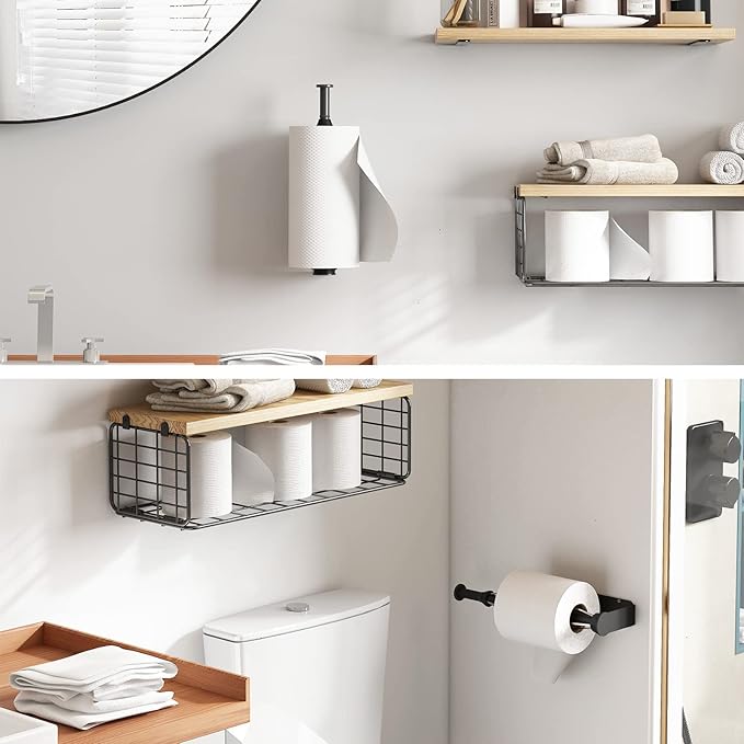 Fixwal Paper Towel Holder Under Cabinet, Single Hand Operable Wall Mount Paper Towel Holder with Damping Effect, Bend-Resistant, Self-Adhesive or Drill Mounting for Kitchen Bathroom, Black
