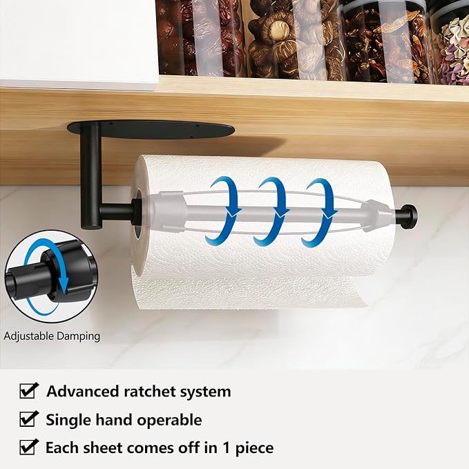 Single Hand Operable Paper Towel Holder Under Cabinet with Damping Effect, Self Adhesive Paper Towel Roll Holder Wall Mount for Kitchen Bathroom, SUS304 Stainless Steel, Black