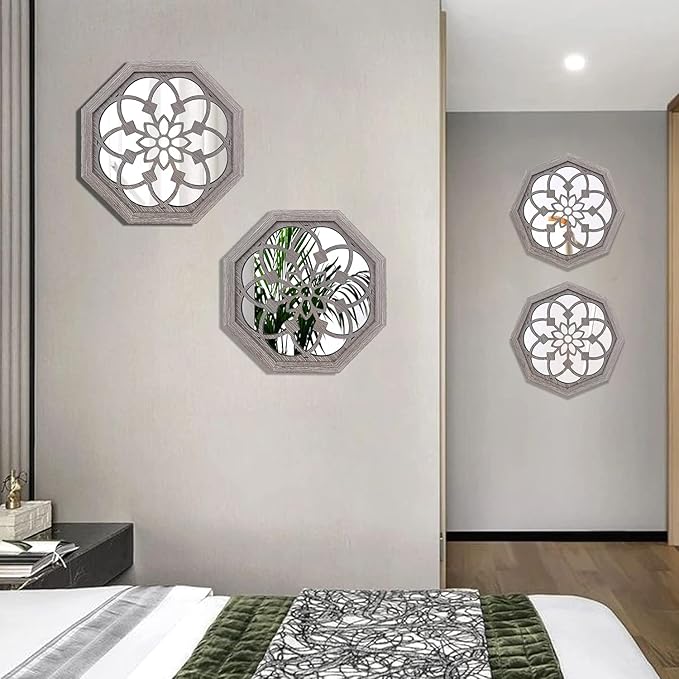 ZOLAPI 2 PCS Octagon Wall-Mounted Mirrors,Vintage Farmhouse Mirror for Wall Decor,Barn Wood Color Decorative Accent Mirror for Foyer, Bathroom, Bedroom. (12”x12”)