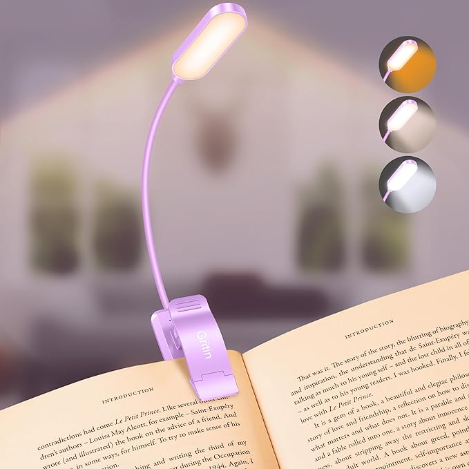 Gritin 16 LED Rechargeable Book Light for Reading in Bed- Eye Caring 3 Color Temperatures, Stepless Dimming Brightness, 80 Hrs Runtime, Lightweight Flexible Clip on Light for Book Lovers-Purple