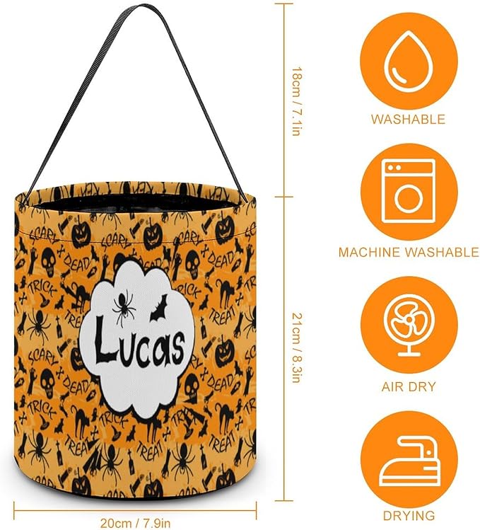 Personalized Halloween Trick or Treat Candy Bag with Name Custom Text Party Tote Bucket Halloween Candy Basket Gift (Bag-1)