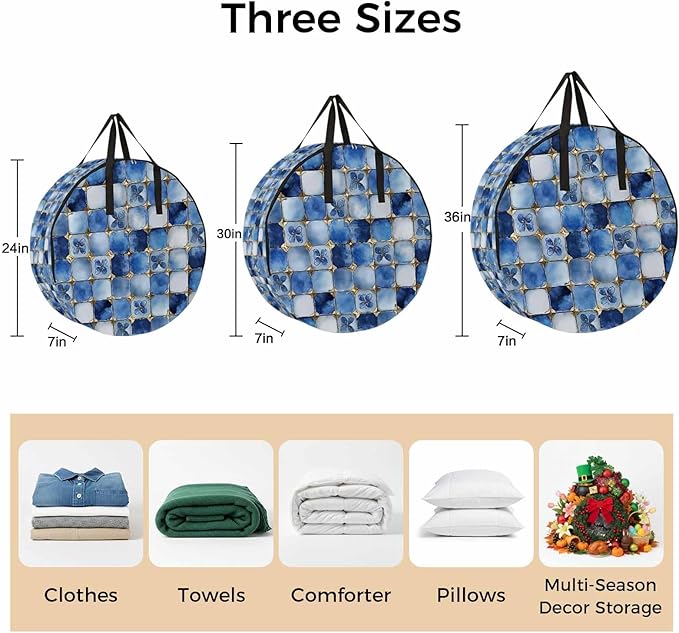 Blue Crystal Flower Round Storage Bag 30 Inch, Irregular Texture Clothes Storage Container with Handles Heavy Duty Organizer for Comforter, Bedding & Holiday Wreaths