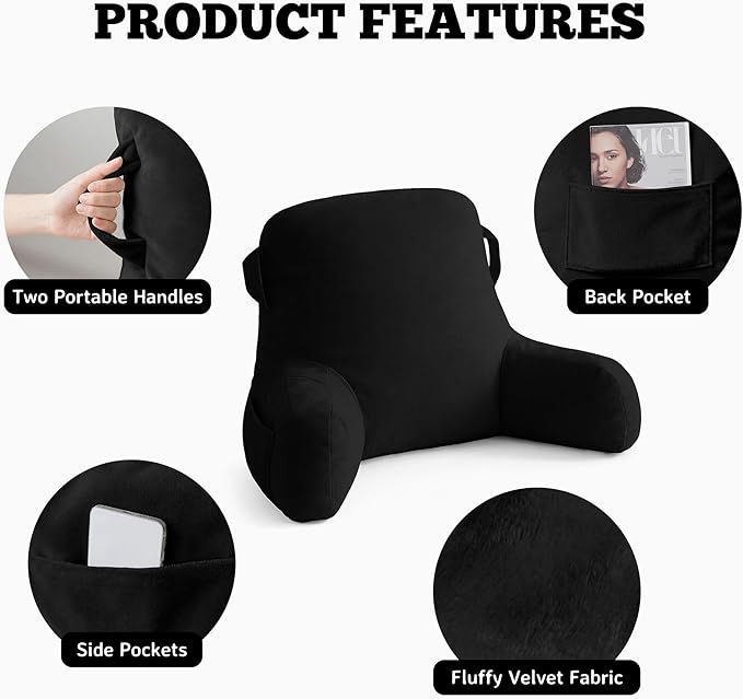 Unisakey Portable Comfy Reading Pillows for Bed Sitting Up(Black Oeko-Tex), Velvet Back Pillow with Arms & Pockets for Adults, Support Memory Foam Bed Pillow for Dorm/Reading/Watching/Gaming