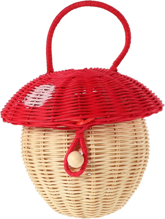TEHAUX Rattan Mushroom Basket with Lid, Handwoven Rattan Storage Basket Decorative Straw Bag Box Organizer Prop for Room Decor Desktop Props Christmas