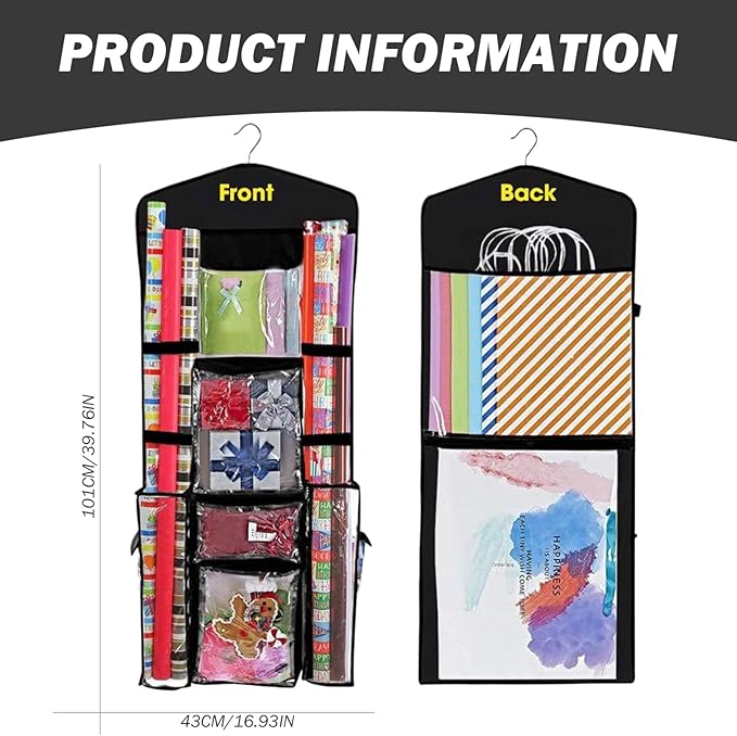 Black Double Sided Hanging Wrapping Paper Storage, Wrapping Paper Storage Box, Over The Door Wrapping Paper Holder Wrapping Paper Storage Bag Gift Wrap Storage Bag for Closet, Door
