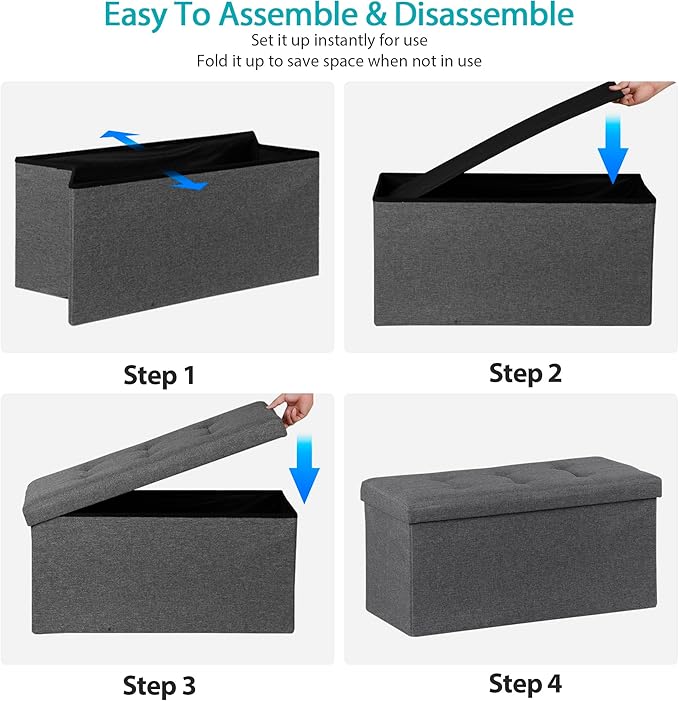 ZenStyle 30Inches Storage Ottoman Bench, Folding Footrest Padded Seat, Storage Chest Long Shoes Bench with Divider, Holds up to 660 lbs, for Living Room, Entryway, Bedroom, Dark Gray